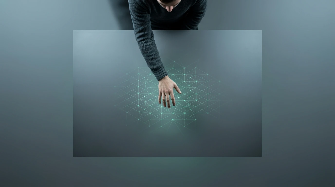 Une personne interagit avec une projection numérique verte et géométrique sur une surface sombre, symbolisant la redéfinition des interactions humaines par la culture numérique.