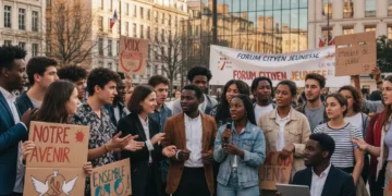 Jeunes Français engagés dans un débat citoyen, symbolisant la participation politique active en 2026.