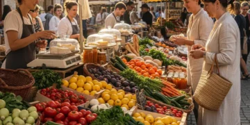 Marché français coloré avec des produits locaux et bio, symbolisant l'alimentation durable en France.