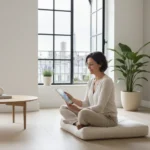 Personne sereine utilisant une tablette dans un intérieur minimaliste en France