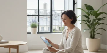 Personne sereine utilisant une tablette dans un intérieur minimaliste en France