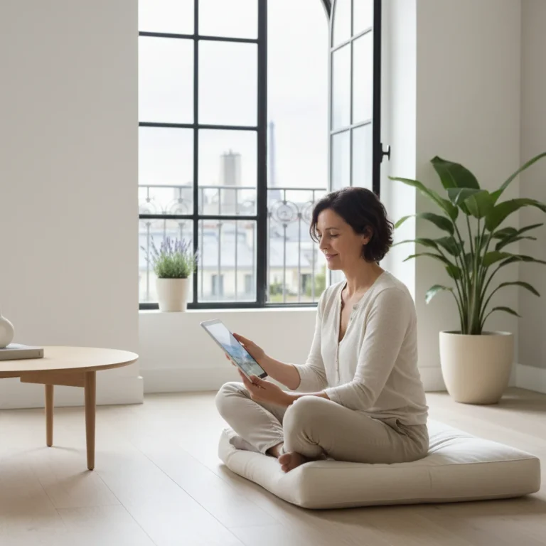 Personne sereine utilisant une tablette dans un intérieur minimaliste en France