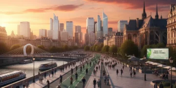 Pistes cyclables animées et piétons dans une ville française au coucher du soleil, symbolisant la mobilité douce.