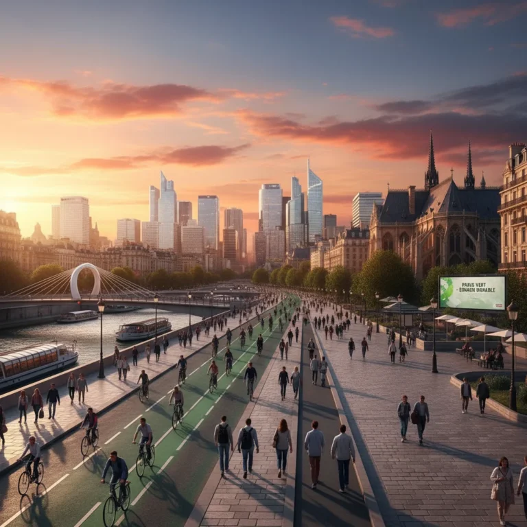 Pistes cyclables animées et piétons dans une ville française au coucher du soleil, symbolisant la mobilité douce.