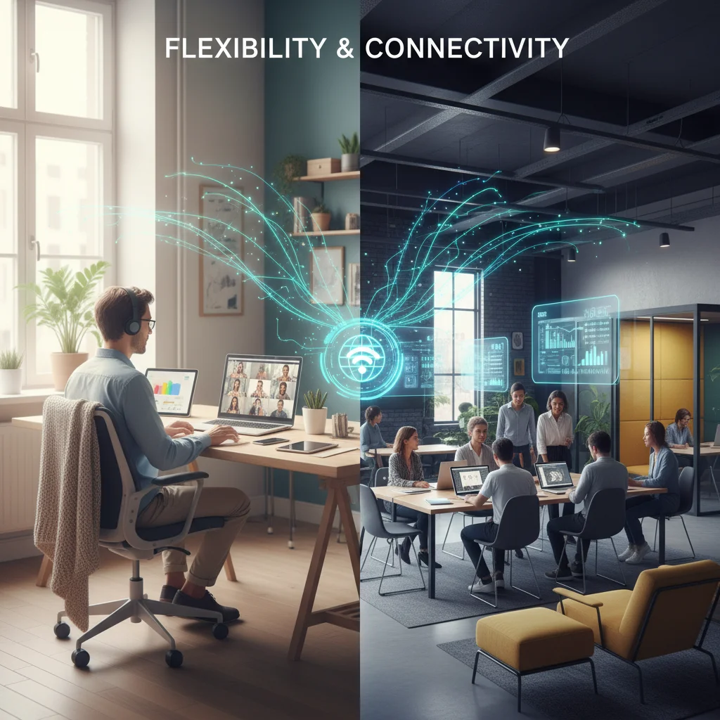 Représentation visuelle du modèle de travail hybride, avec des employés travaillant à distance et au bureau, soulignant la flexibilité.