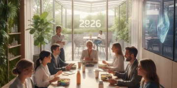 Employés profitant d'une pause déjeuner détendue et productive dans un bureau moderne et lumineux.
