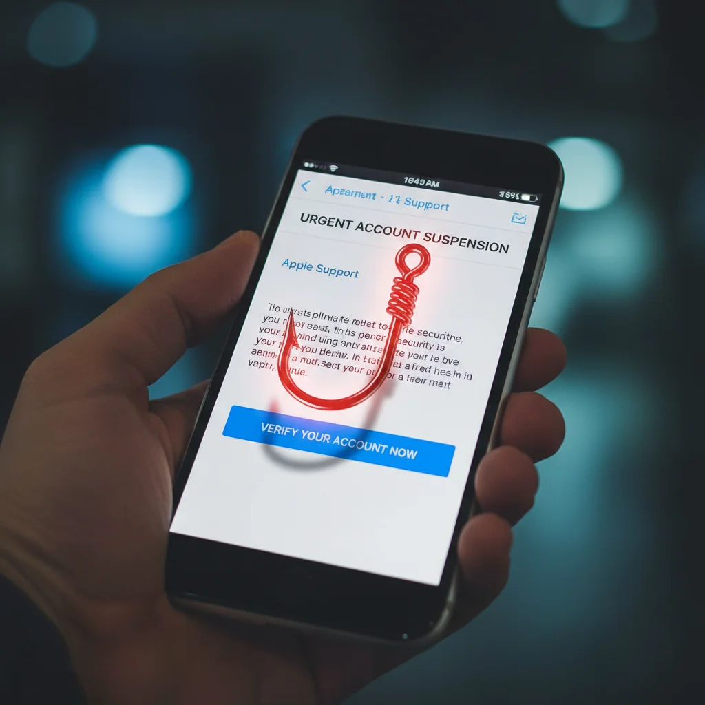 Représentation visuelle d'une attaque de phishing avec un smartphone affichant un email trompeur et un hameçon.