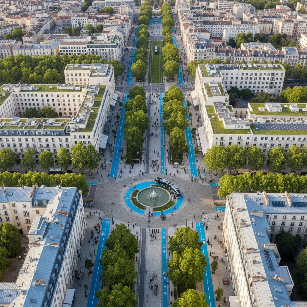 Vue aérienne d'une ville française moderne avec pistes cyclables et espaces verts intégrés.