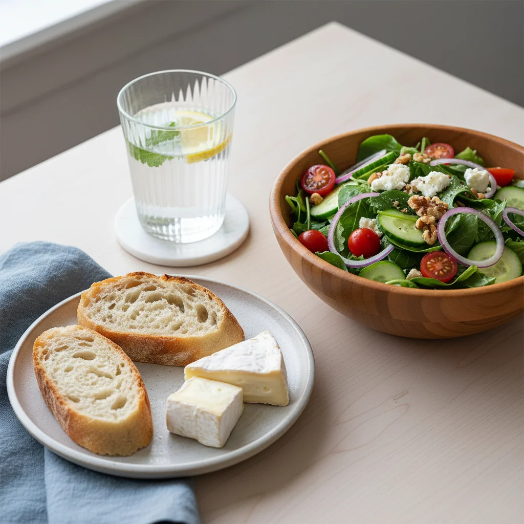 Repas français sain et équilibré, axé sur la qualité et la pleine conscience pendant la pause déjeuner.