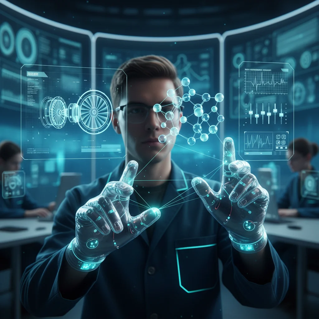 Simulation de laboratoire en métavers, étudiant manipulant objets virtuels