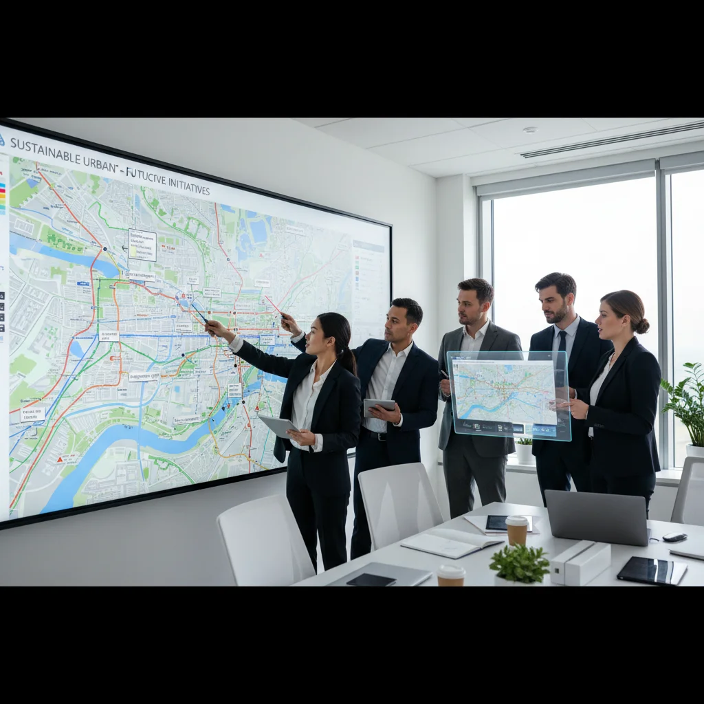 Professionnels discutant de projets d'infrastructures de mobilité douce sur des plans numériques.