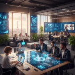 Employés collaborant dans un environnement de travail moderne et innovant en France, symbolisant les modèles organisationnels du futur.