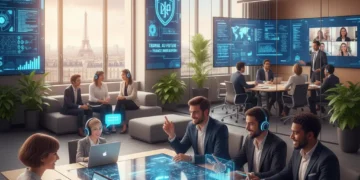 Employés collaborant dans un environnement de travail moderne et innovant en France, symbolisant les modèles organisationnels du futur.