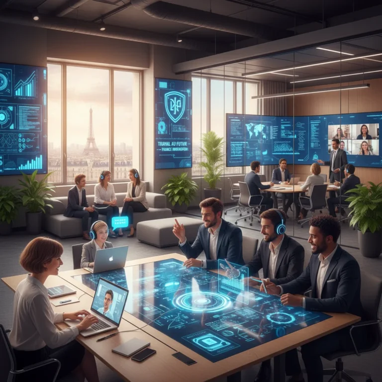 Employés collaborant dans un environnement de travail moderne et innovant en France, symbolisant les modèles organisationnels du futur.