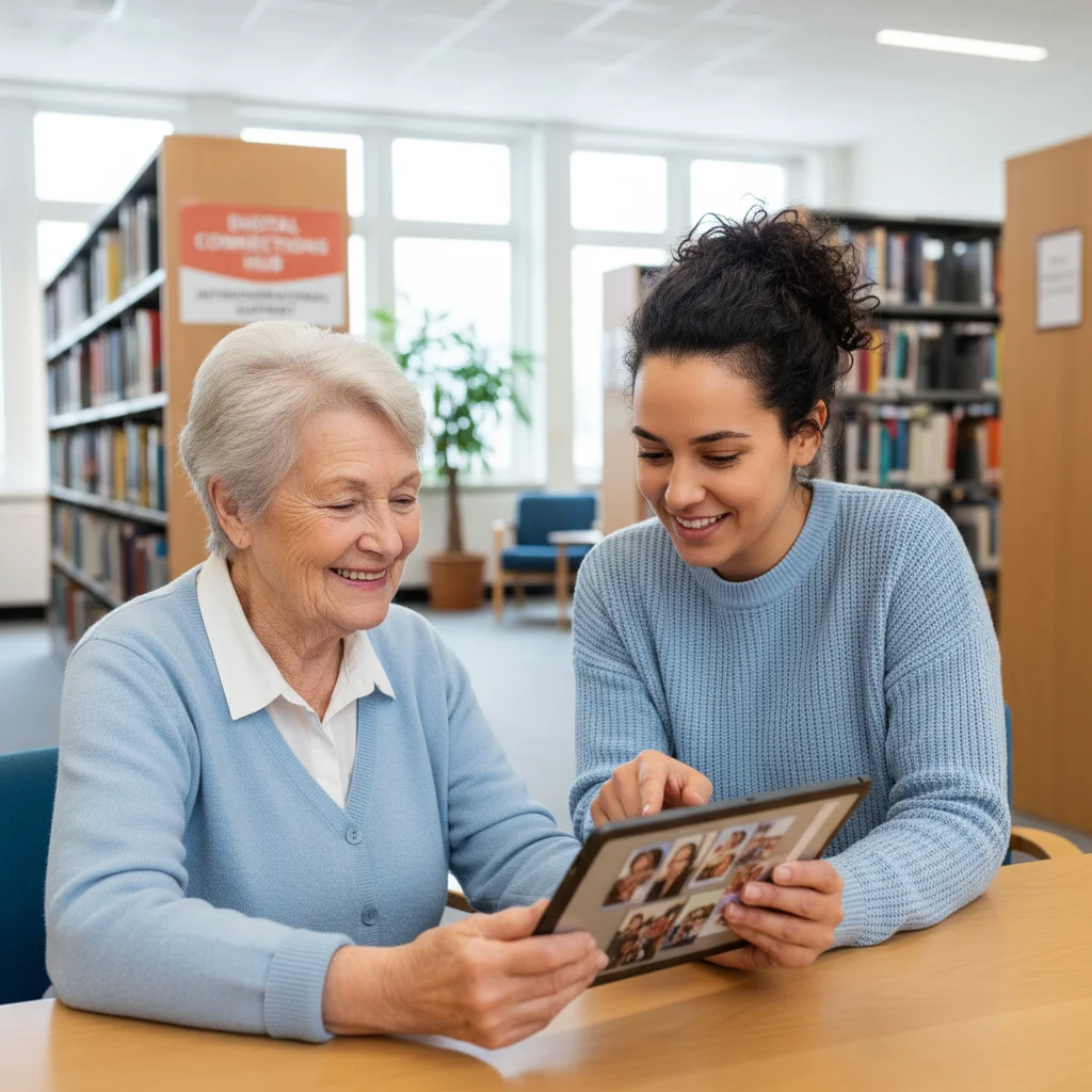 Personne âgée utilisant une tablette avec l'aide d'un conseiller, illustrant l'accompagnement numérique personnalisé.