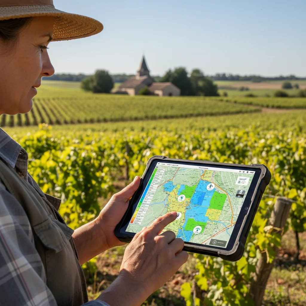 Agriculteur français consultant des données de capteurs sur tablette pour optimisation des cultures