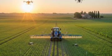Champs agricoles français avec tracteur de précision et drone, symbolisant l'agriculture moderne et efficace