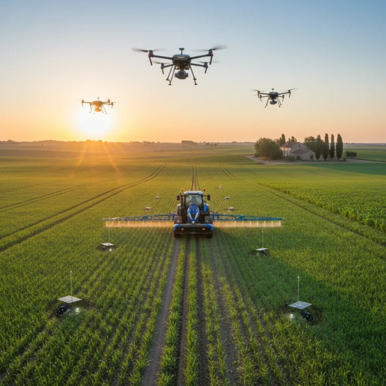 Champs agricoles français avec tracteur de précision et drone, symbolisant l'agriculture moderne et efficace