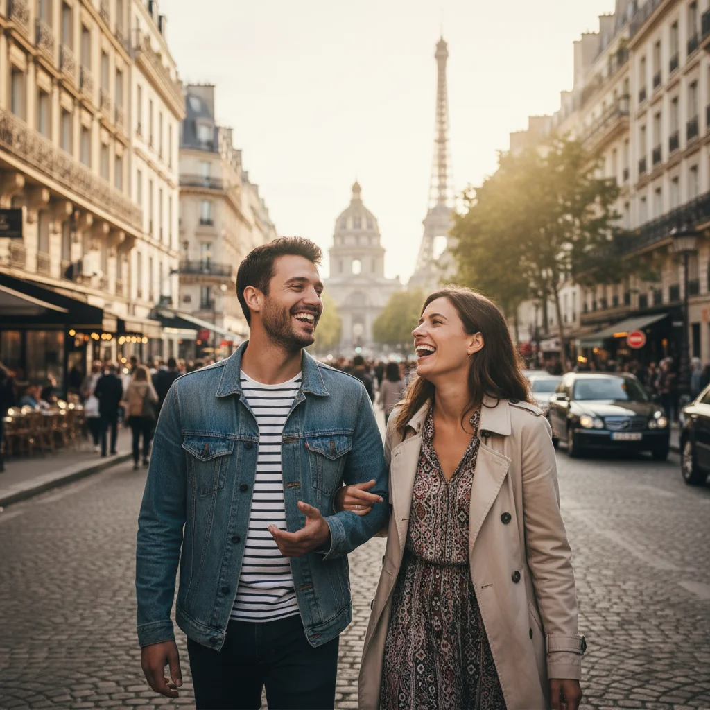 Amis discutant et riant dans une rue parisienne, illustrant le renforcement des liens sociaux sans écrans.