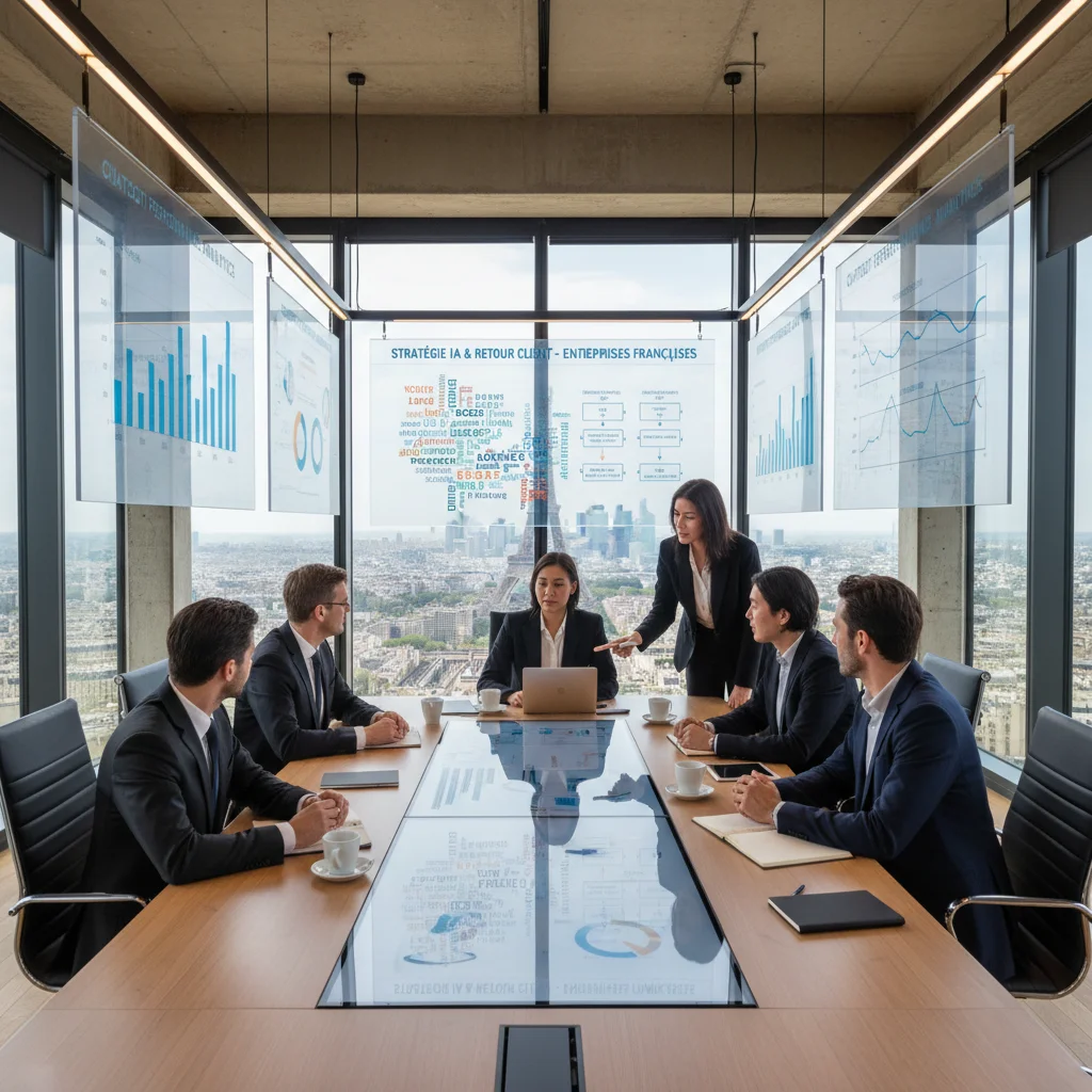 Équipe d'entreprise française analysant les performances des chatbots IA pour améliorer la stratégie de service client.