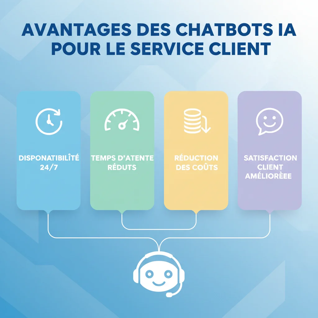 Infographie présentant les avantages clés des chatbots IA pour l'optimisation du service client des entreprises.