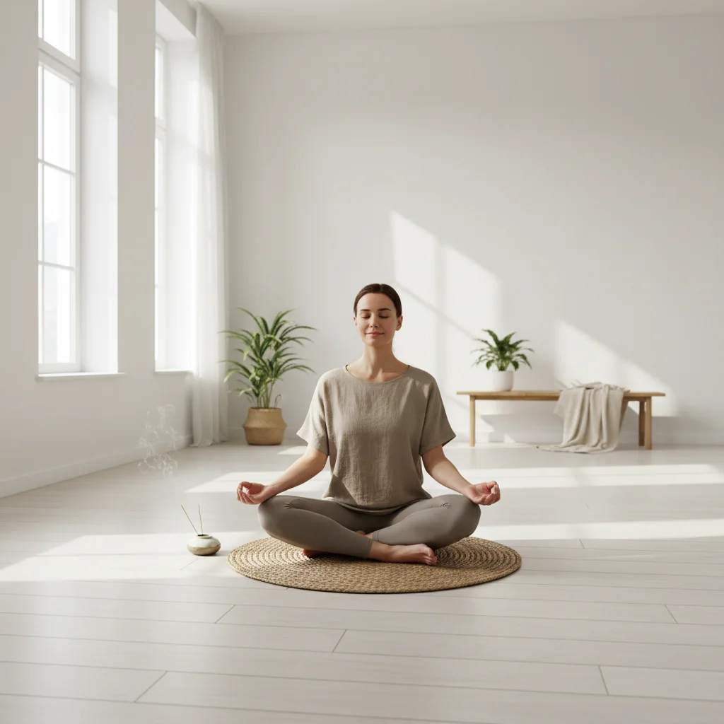 Une personne pratiquant la méditation ou des étirements, illustrant l'importance du bien-être mental et physique pour les télétravailleurs.