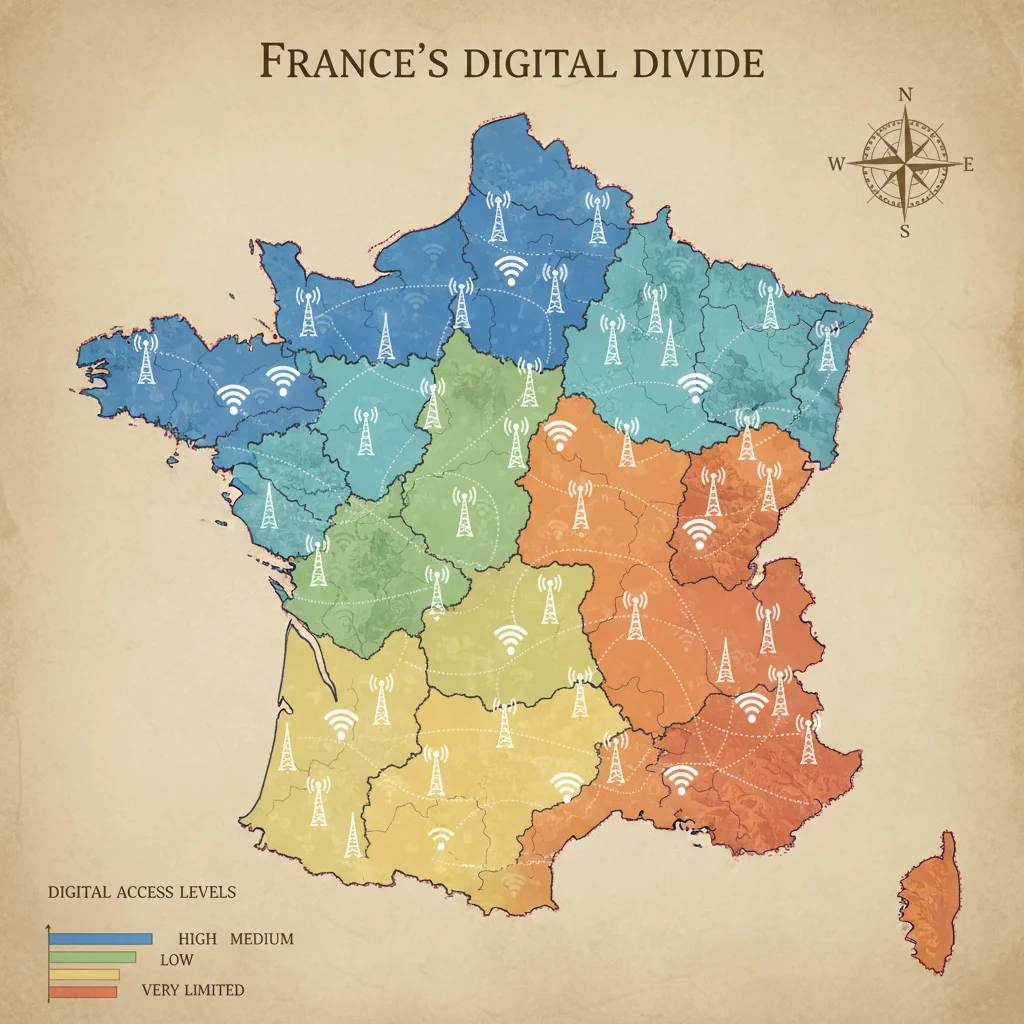 Carte de France illustrant les disparités d'accès à internet et la fracture numérique entre les régions.
