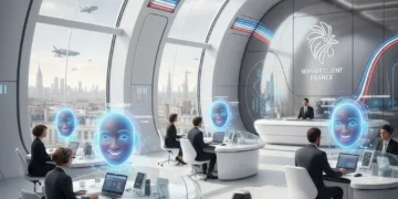 Chatbots IA révolutionnant le service client en France, avec des interfaces futuristes et des interactions fluides.