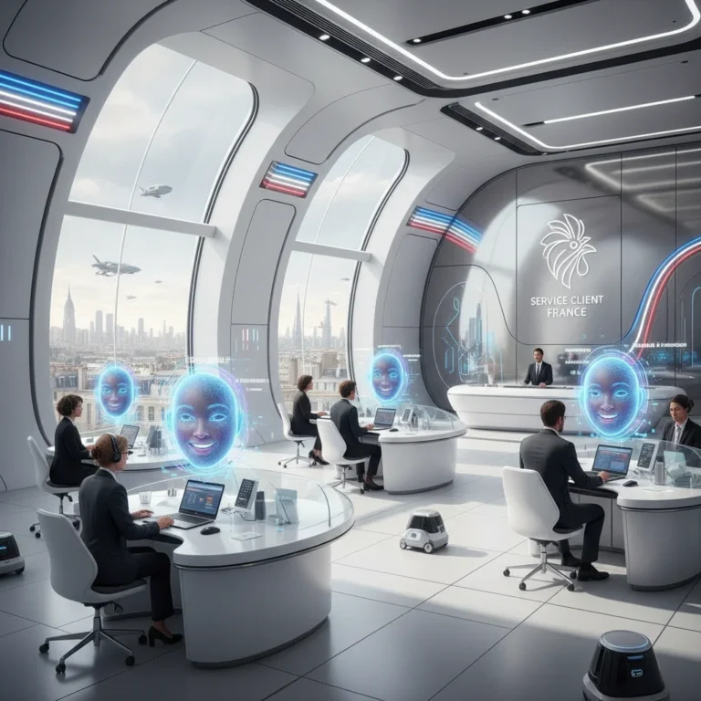 Chatbots IA révolutionnant le service client en France, avec des interfaces futuristes et des interactions fluides.