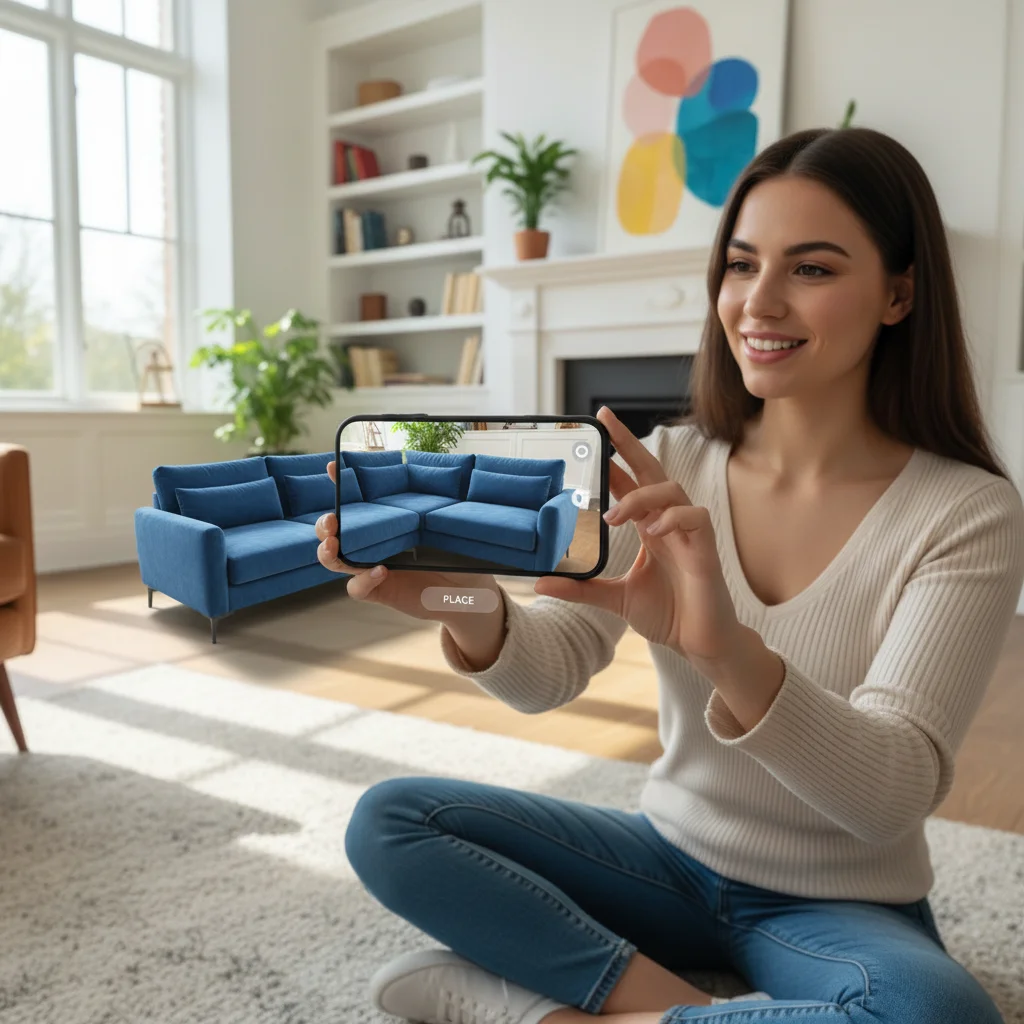 Client utilisant une application de réalité augmentée pour visualiser des meubles dans son intérieur.