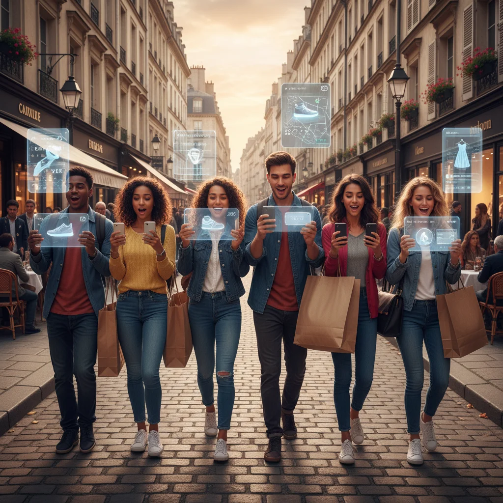 Clients explorant des offres avec la réalité augmentée dans une rue commerçante française animée.