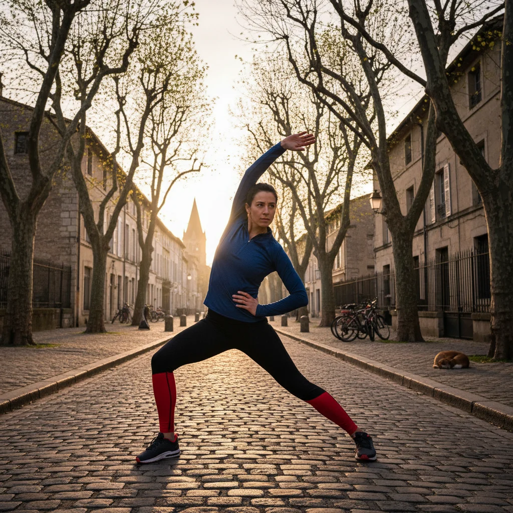 Personne faisant des étirements avant un jogging matinal dans une rue française