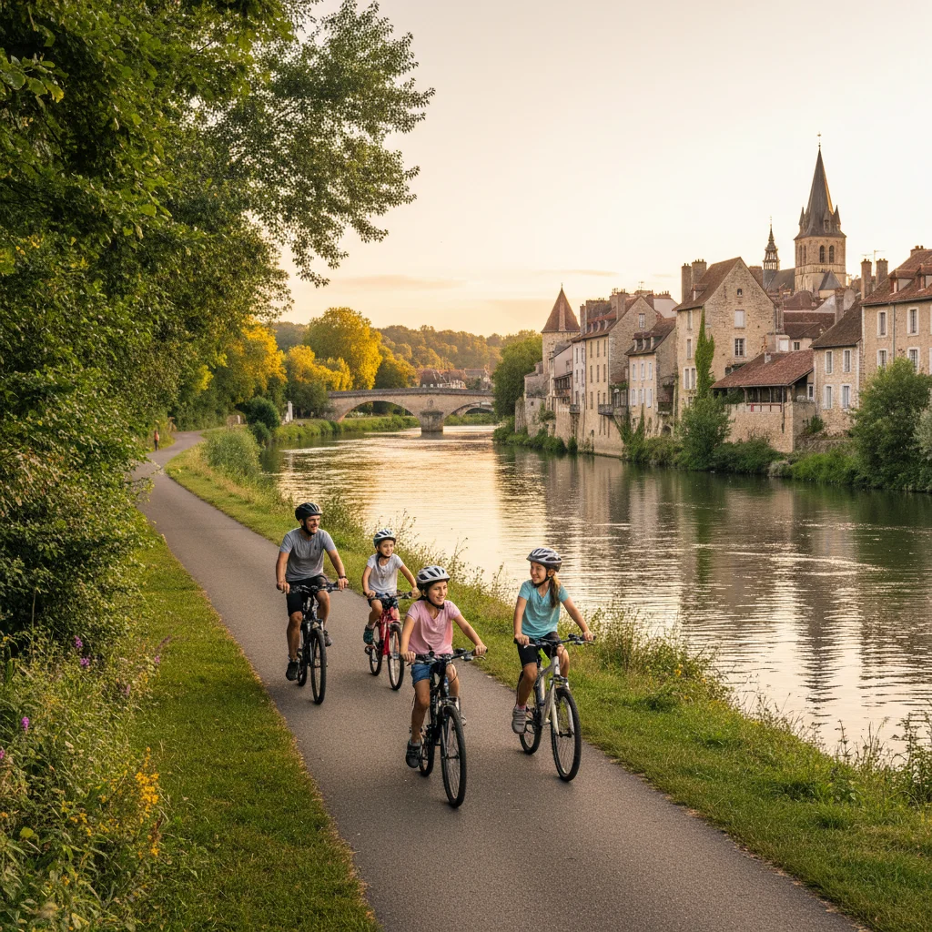 Famille française faisant du vélo sur une piste cyclable au bord d'une rivière