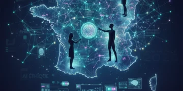 Illustration des défis éthiques de l'IA en France en 2026, montrant l'interaction entre technologie et société.