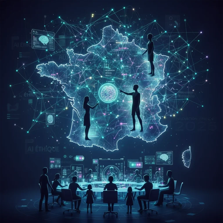 Illustration des défis éthiques de l'IA en France en 2026, montrant l'interaction entre technologie et société.
