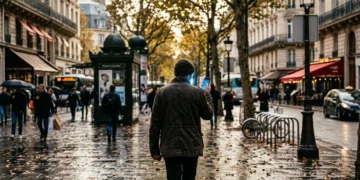 Une personne, vue de dos, marchant dans une rue parisienne animée, son visage éclairé par l'éclat subtil d'un smartphone, soulignant la digitalisation omniprésente et l'isolement dans la foule.