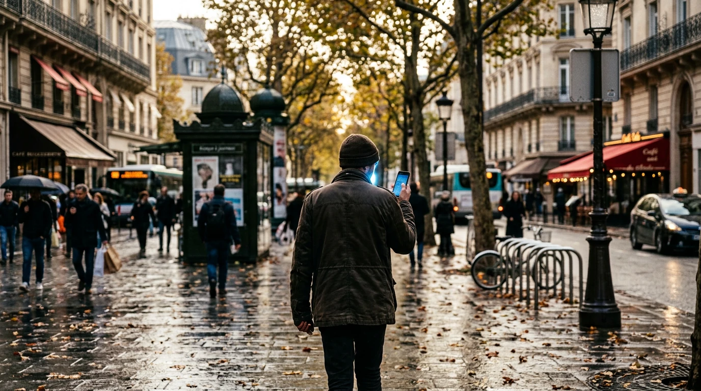 Une personne, vue de dos, marchant dans une rue parisienne animée, son visage éclairé par l'éclat subtil d'un smartphone, soulignant la digitalisation omniprésente et l'isolement dans la foule.