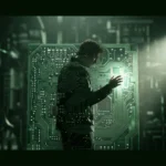 Une personne, en silhouette partielle, face à une carte de circuit imprimé complexe et lumineuse, symbolisant la culture numérique et ses enjeux éthiques.