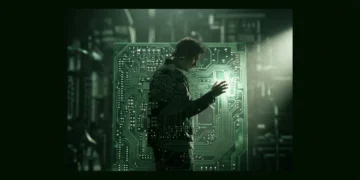 Une personne, en silhouette partielle, face à une carte de circuit imprimé complexe et lumineuse, symbolisant la culture numérique et ses enjeux éthiques.