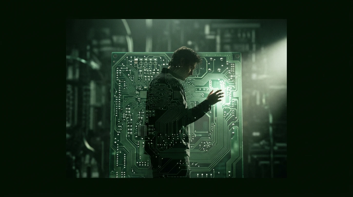 Une personne, en silhouette partielle, face à une carte de circuit imprimé complexe et lumineuse, symbolisant la culture numérique et ses enjeux éthiques.