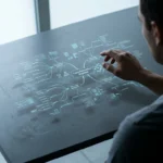 Une personne, vue de dessus, examine attentivement une carte mentale holographique en 3D projetée sur une table, illustrant les concepts de la transformation digitale, des données massives et de l'intelligence artificielle dans un espace de travail baigné de lumière naturelle filtrée.