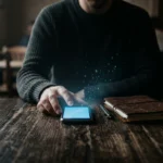 Une personne, le dos tourné, assise à une table en bois sombre, le smartphone éclairant subtilement des notifications numériques bleues et vertes. L'écran de la vie numérique omniprésente.