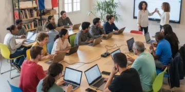 Groupe diversifié de personnes apprenant à utiliser des outils numériques, symbolisant l'inclusion numérique en France.