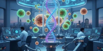 Laboratoire de biotechnologies en France avec des chercheurs examinant des échantillons pour la médecine personnalisée.