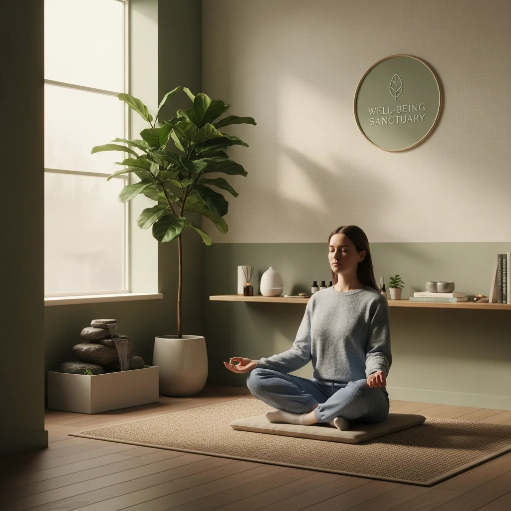 Employé méditant dans un espace de bien-être au bureau, illustrant la réduction du stress.
