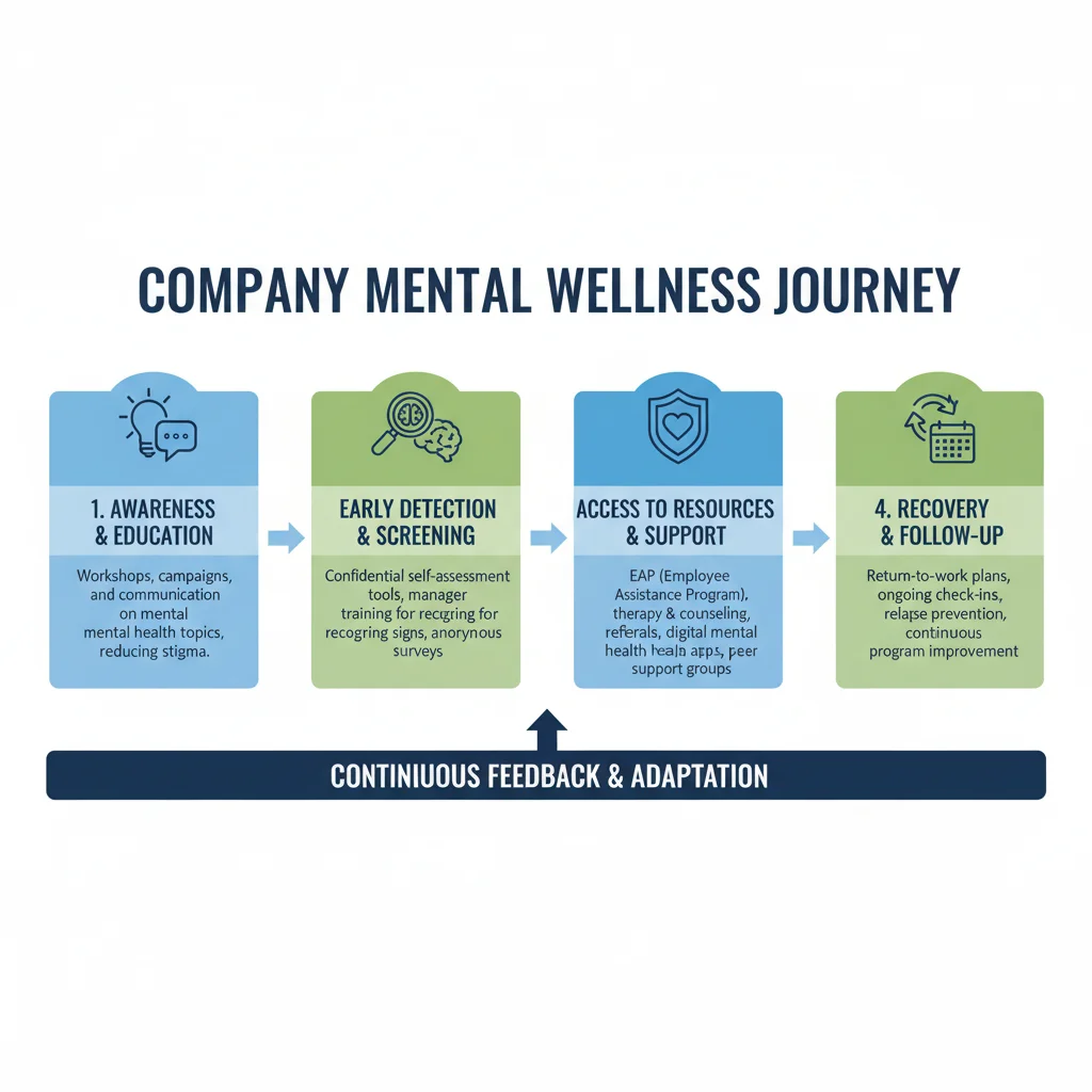 Infographie détaillant les étapes d'un programme de soutien à la santé mentale en entreprise.