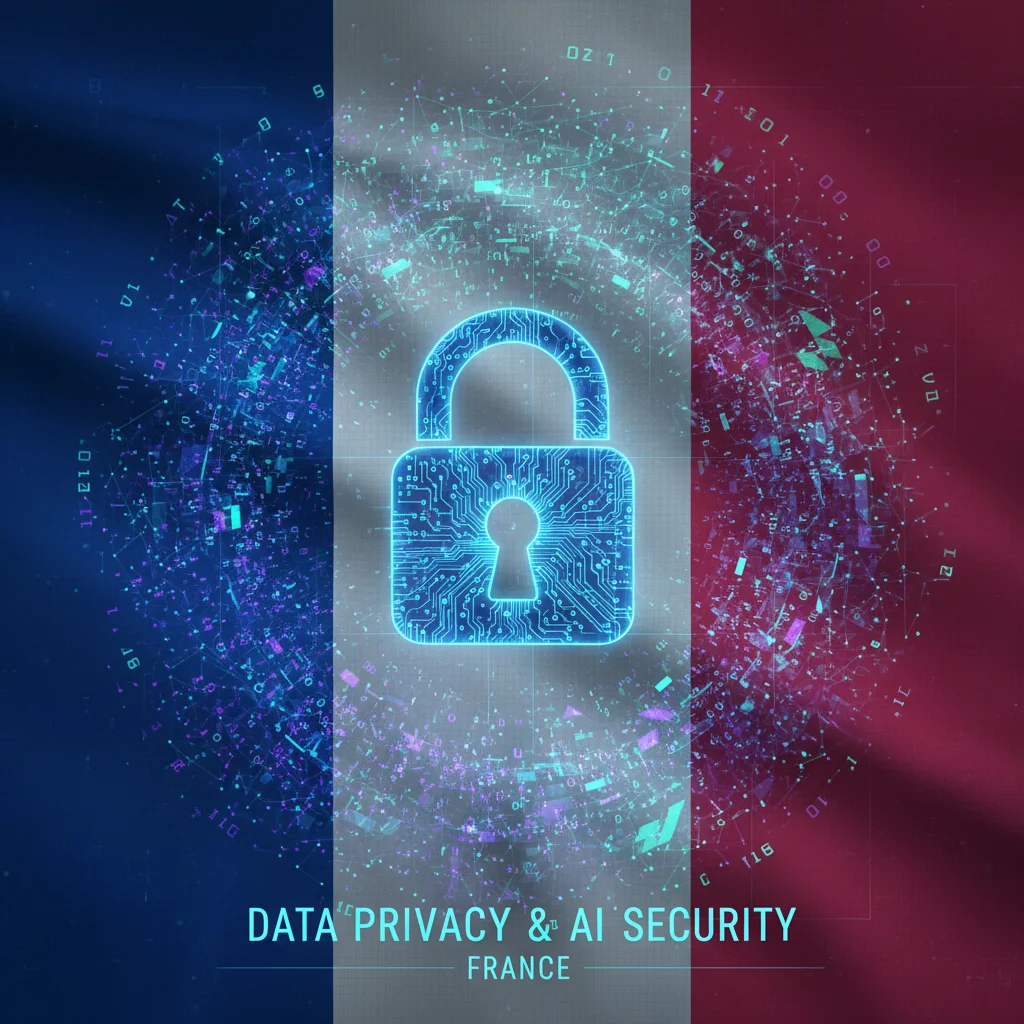 Représentation visuelle de la protection des données et de la vie privée face aux systèmes d'IA en France.