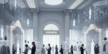 Client essayant virtuellement des vêtements avec la réalité augmentée dans un magasin de détail futuriste en France.