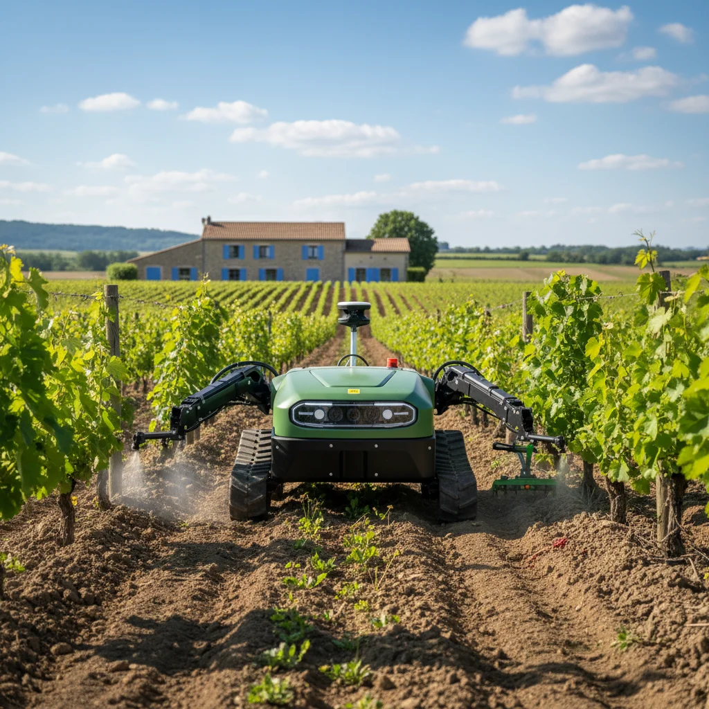 Robot agricole autonome désherbant des cultures dans une ferme française moderne