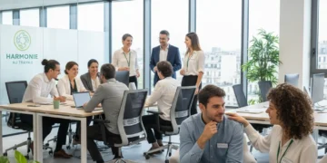 Employés français souriants et collaboratifs dans un bureau moderne, symbolisant le soutien à la santé mentale en entreprise.
